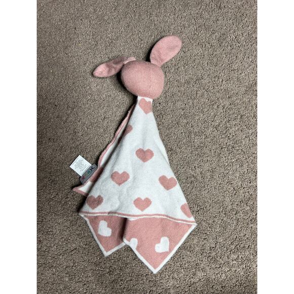 Pink w/White Hearts Knit Bunny Rabbit Rattle Lovey Security Blanket NYGB 15"x7" - Picture 3 of 5